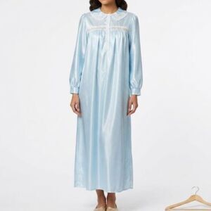 VTG Heather Lane Aqua Blue Satin Lace Trim Flannel Lined Nightgown Size M/L